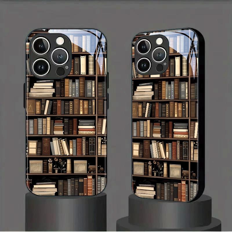 Retro Bookshelf Art Pattern Glass Material Phone Case For iPhone 17 16 15 14 Pro Max 13 12 11 17Air 16E 7 8 Plus XR XS X Cover
