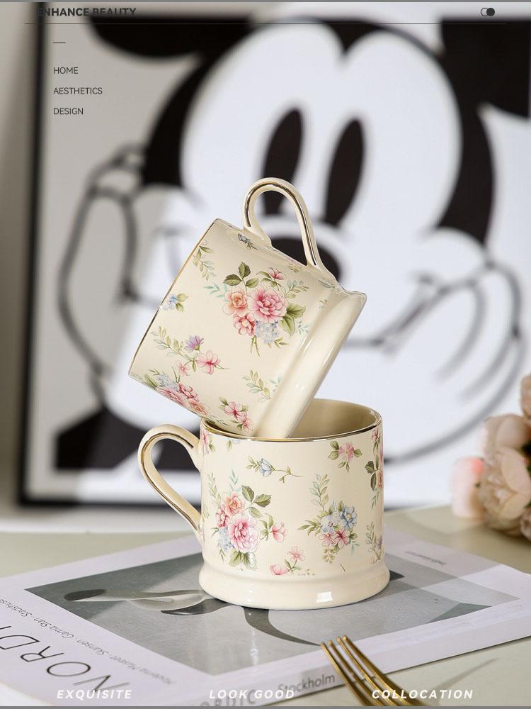 European Floral Mug Vintage Ceramic Coffee Cup Gold Painted Afternoon Tea Ceramic Cup Home Breakfast Milk Oatmeal Mug Gift 290ml