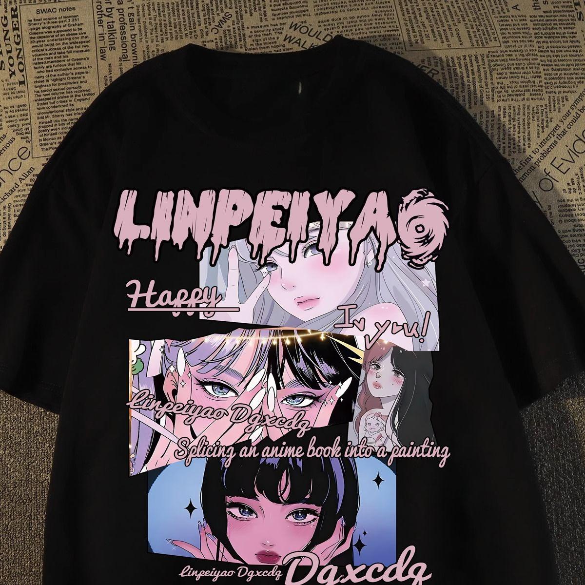 American 2026 New Fashion Short Sleeve TShirt Trend Korean Retro Anime Twodimensional Girl Print Loose Trend Top 4XL