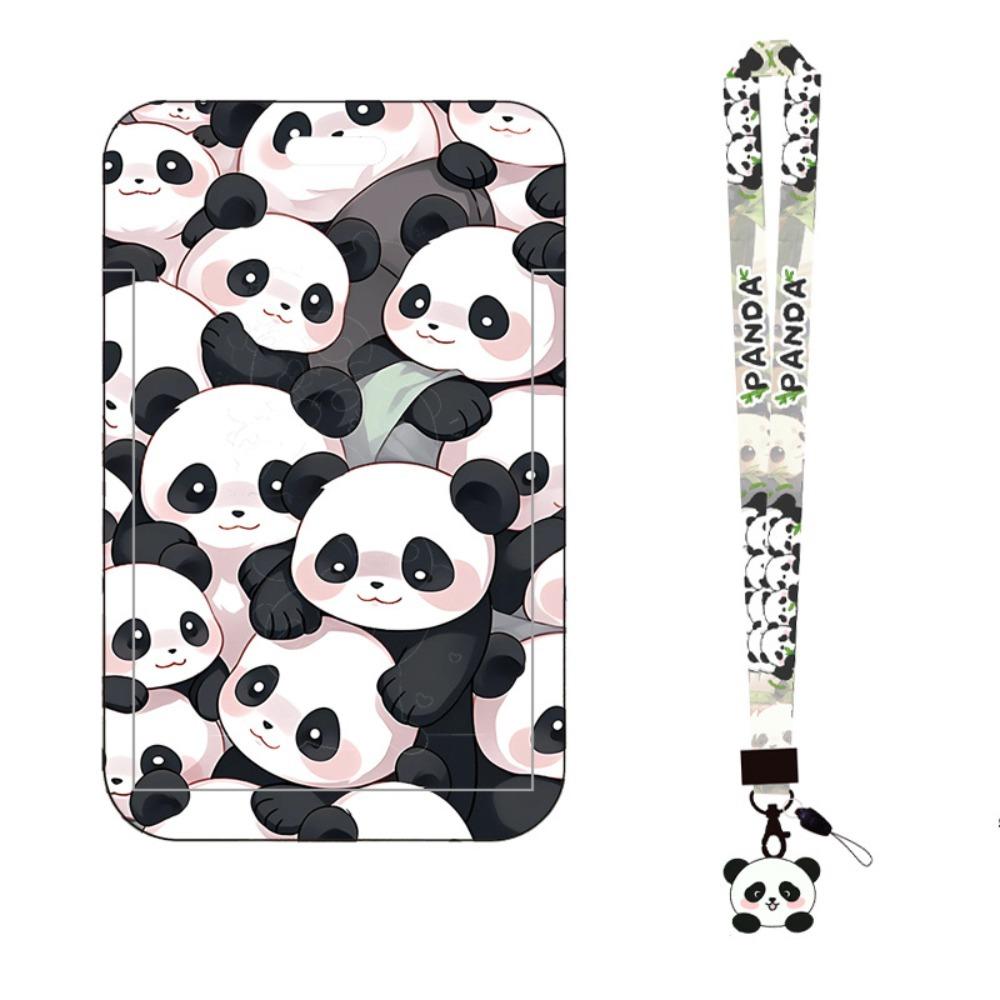 New Panda Printing Plastic Card Holder with Long Lanyard Slide Card Case ID Card Protective Cover