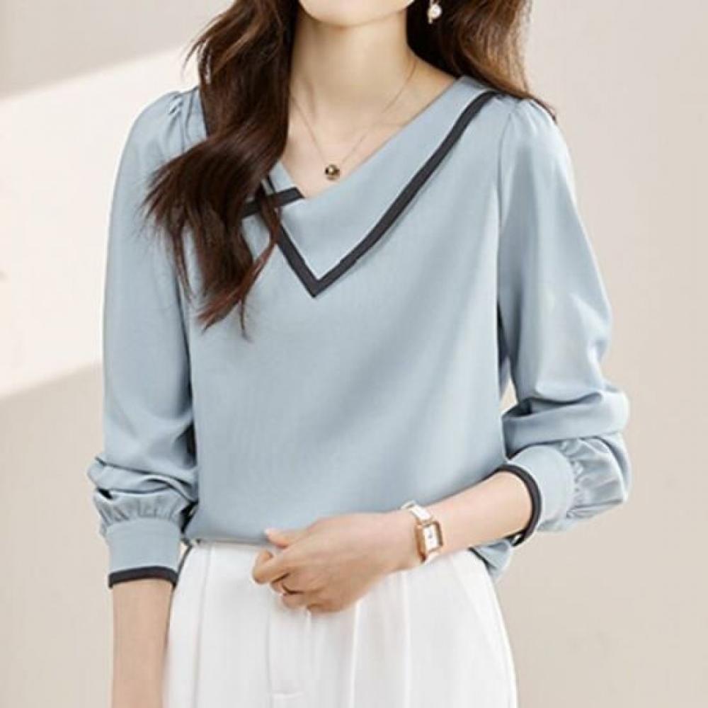 NaVaVa Color Block Point V Neck Collar Long sleeVe Blouse Nb2861