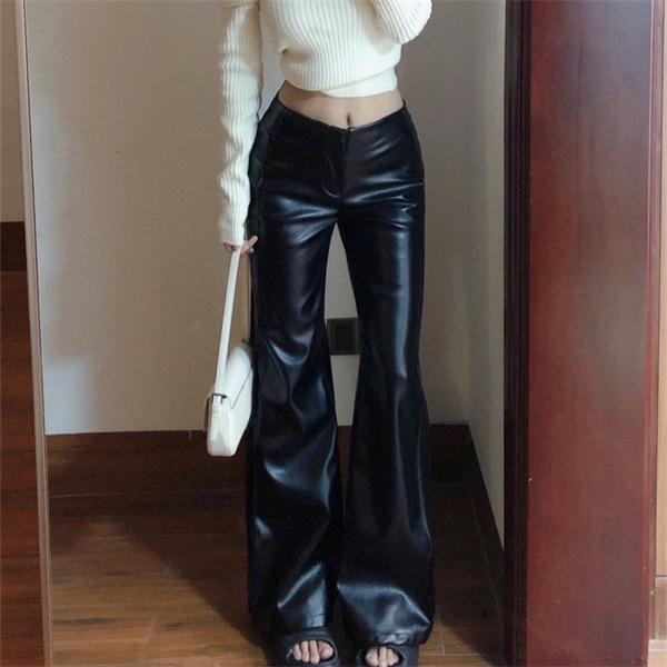 Women's Plus Size High Waist Black PU Leather Flared Pants - Pear-Shaped, Wide Leg, Floor-Length, Autumn Collection