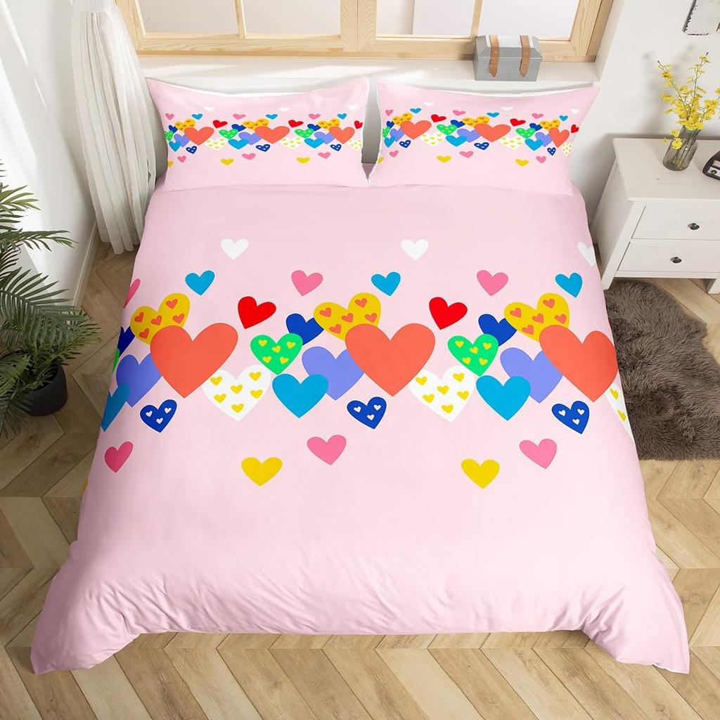 Colorful Rainbow Heart Duvet Cover Sets For Kids Boys Girls Queen Lightweight Quilt Covers Love Heart Bedding Sets Bedroom Decor