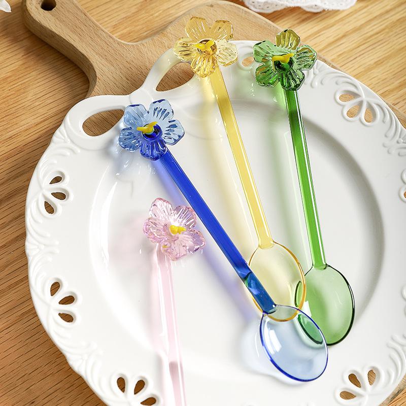 New 3D Flower Glass Spoon,Heat-Resistant Borosilicate Long Handle Stirring Spoon for Coffee & Milk, Colorful Round Glass Spoon