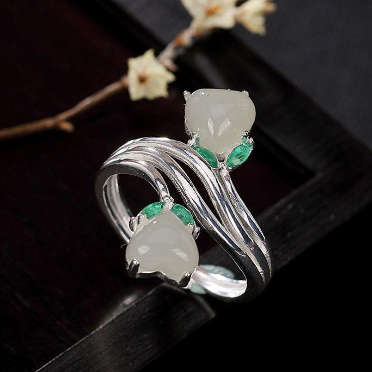 New   Natural Hetian Jade Lotus Handmade Female Model Atmospheric Retro Temperament Open Ring
