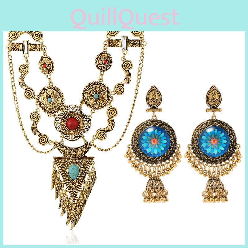 Ethnic Style Simulation Gemstone Decoration Women Necklace And Earring Set For Boho Fashion Lovers
