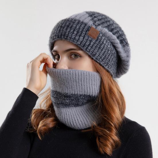Yousheng 2 Pcs/Set Men Winter Hat Neck Warmer Thick Knit Stretchy Contrast Color Ear Protection Keep Warm Daily Wear Dome Cap Outdoor Skiing Skating