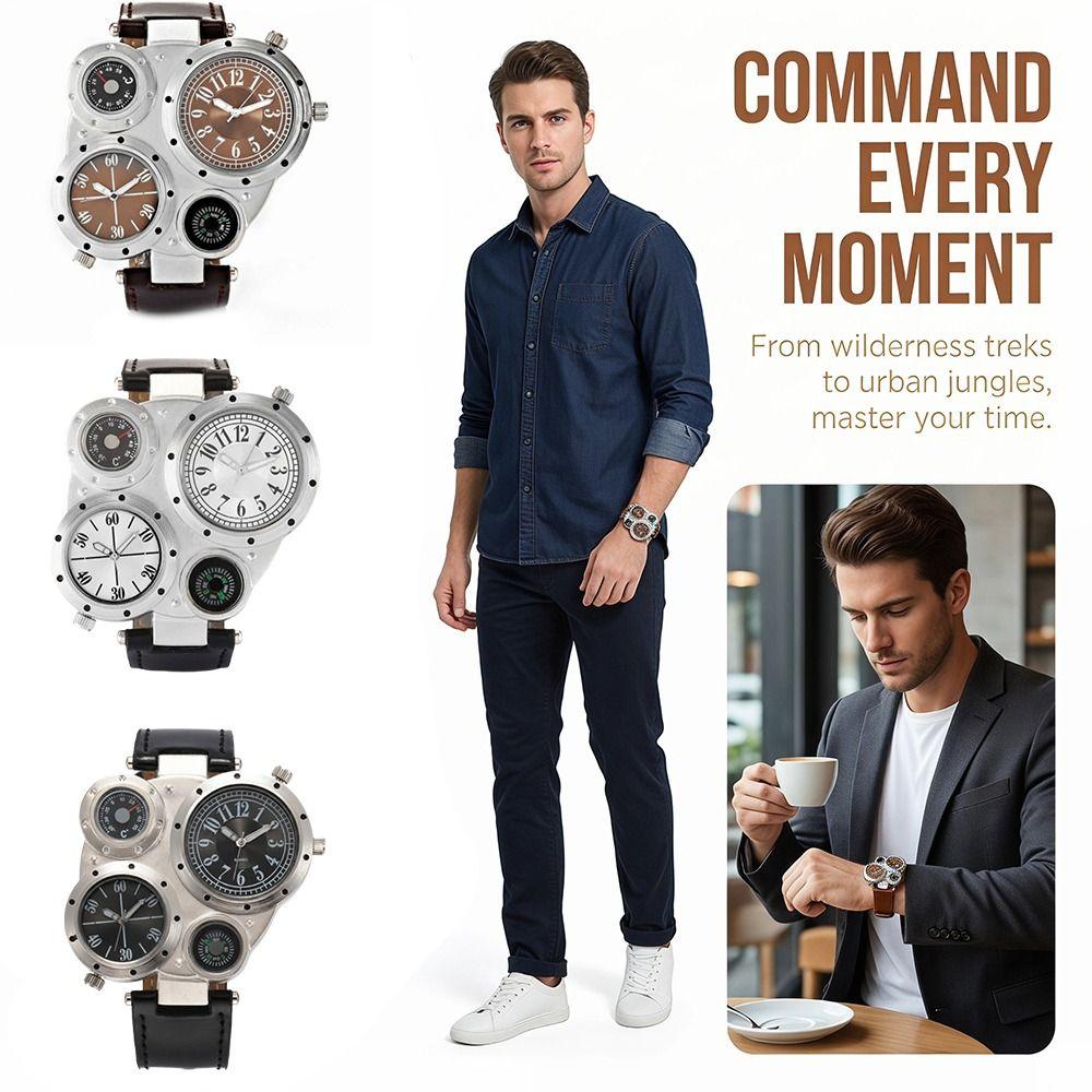 PU Leather Strap Dual Time Zone Watch Leather Strap Quartz Watch Fashion Sport Wristwatch  Men