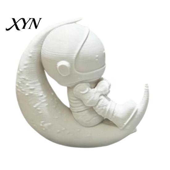 Office Desk Astronaut Figurine 3D Printed Moon Figurine, Sitting on Crescent Spaceman Ornament Statue, Desktop Decoration for Home Bookshelf Mini