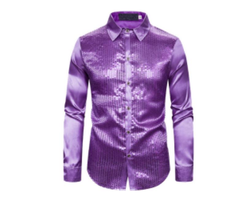2025 New Men's Solid Color Casual Shiny Lapel Long Sleeve Shirt in European Size