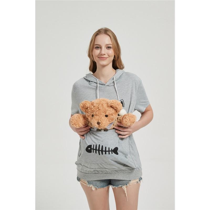 Women's summer cat face fish bone print loose large pocket short-sleeved hooded T-shirt