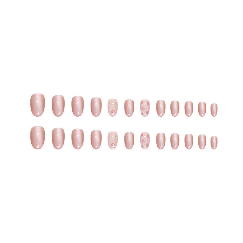 Cat Eye Bow Strawberry Oval Nail Tips - Removable & Wearable Medium-Long Nails