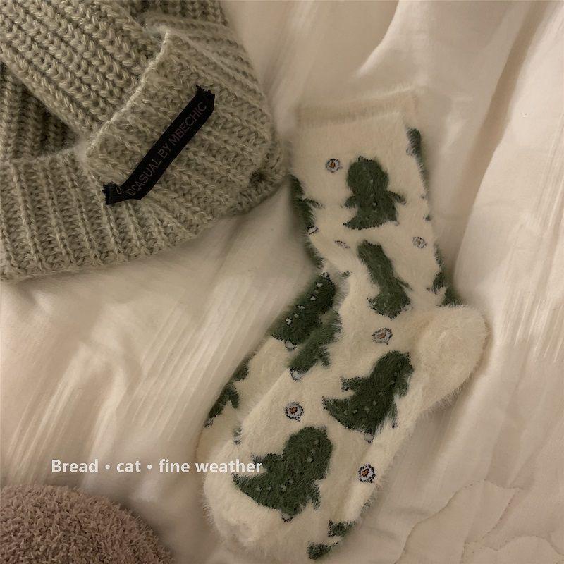 Women's Plush Fleece-Lined Mid-Calf Socks - Warm Milk Spot Mink Cashmere for Autumn/Winter Home Use