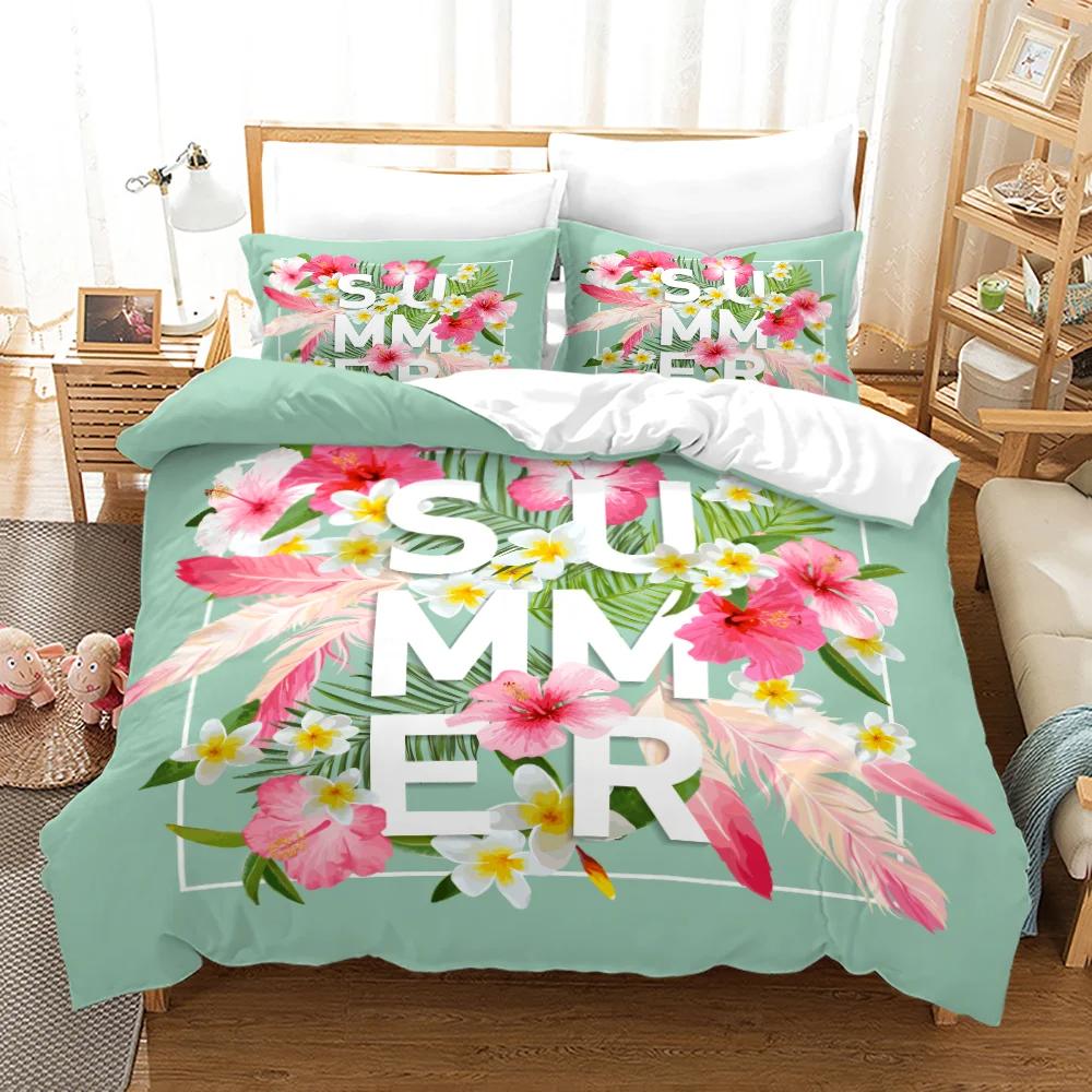 Flowers Queen Bedding Set 3D Print Singlesided Printed Comforter Plant Leaves Romantic and Warm Duvet Bedding Cover For Girls