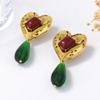 Vintage Emerald Green Teardrop Pendant Unique Drop Earrings Statement Heart-Shaped Earrings Retro  Women'S Jewelry Gift
