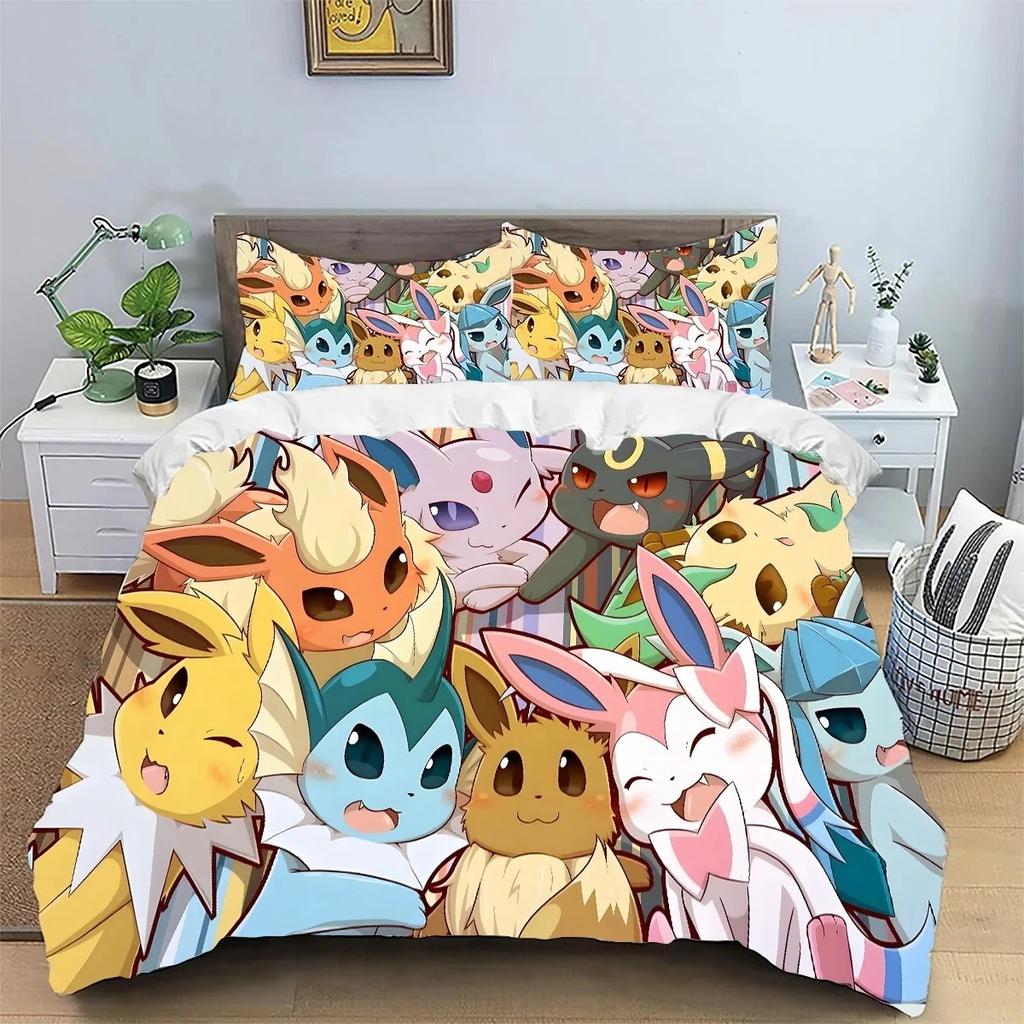 Exquisite 3D Anime Eevees Family Duvet Cover Sets Bedroom Bedding For Boys Kids Teens Girls Quilt Cover Pillowcases Christmas