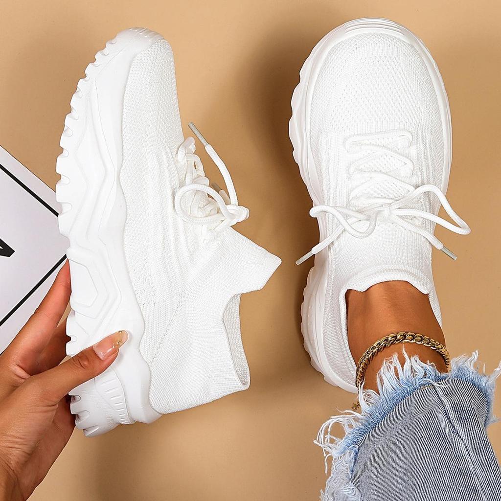 Fashion Red Sneakers Breathable Knitted Shoes For Women Lightweight Non-slip Platform Socks Shoes Tennis Thick Sole Shoes Spring