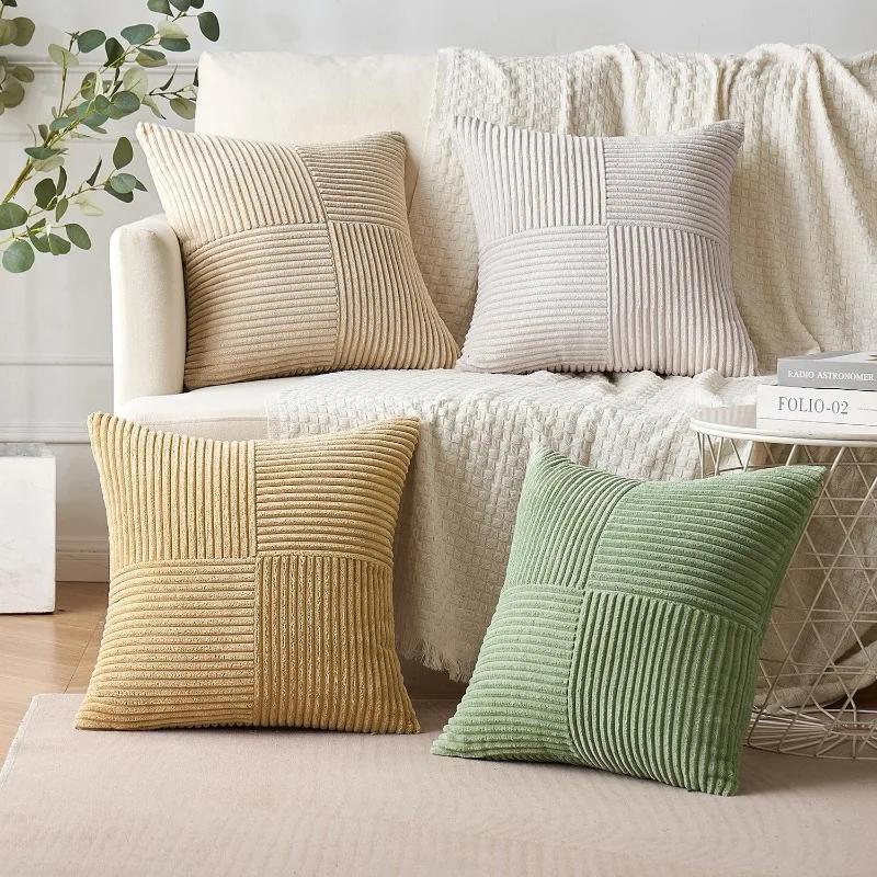 Beige Throw Pillow Covers 18x18inch 45x45CM Solid Corduroy Striped Cross Patchwork Textured Cushion Covers Home Decor for Couch