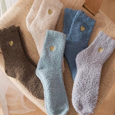 Solid Color Love Embroidery Female Hosiery Mid-tube Socks Cute Floor Socks Coral Fleece Socks