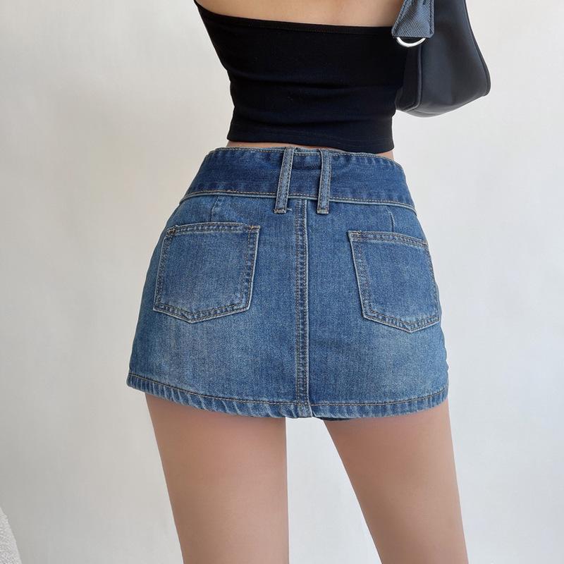 American Sexy High-Waisted Denim A-Line Mini Skirt for Women