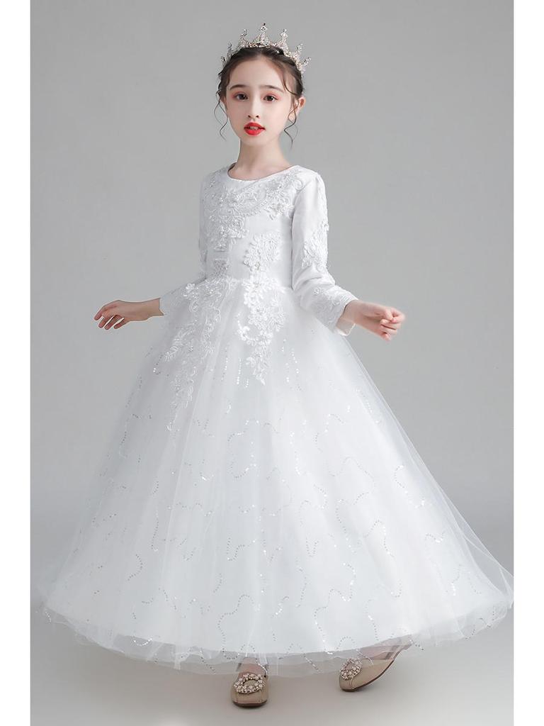 New Girls' Princess Tulle Dress - Puffy, Long, Autumn/Winter Style, Perfect for Evening, Flower Girl, Wedding, or Performance.