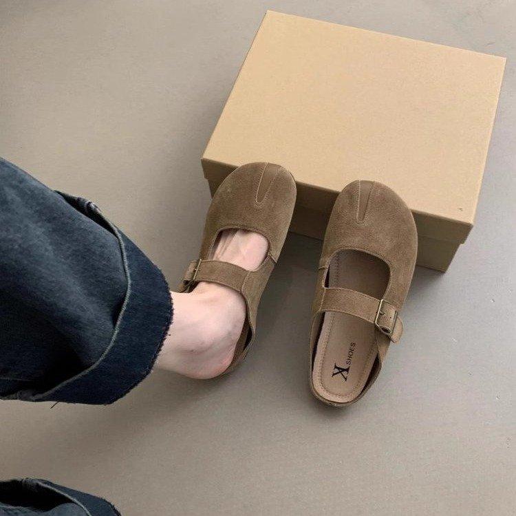 

Soft leather version~ retro Boken shoes women wear platform bag head half slippers one-word buckle casual lazy Muller slippers 35 хаки