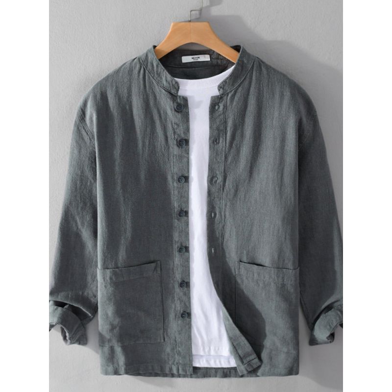Spring and Autumn Japanese Style Vintage Long Sleeve Shirt Men Cotton and Linen Chinese Style Stand Collar Loose Casual Overshirt Chinese Style