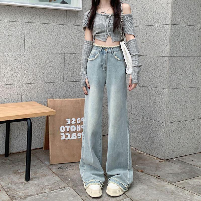 Women's Light Blue Wide-Leg Jeans, High-Waisted, Straight-Leg, Spring/Summer 2025 Fashion, Niche Design, Narrow Fit.
