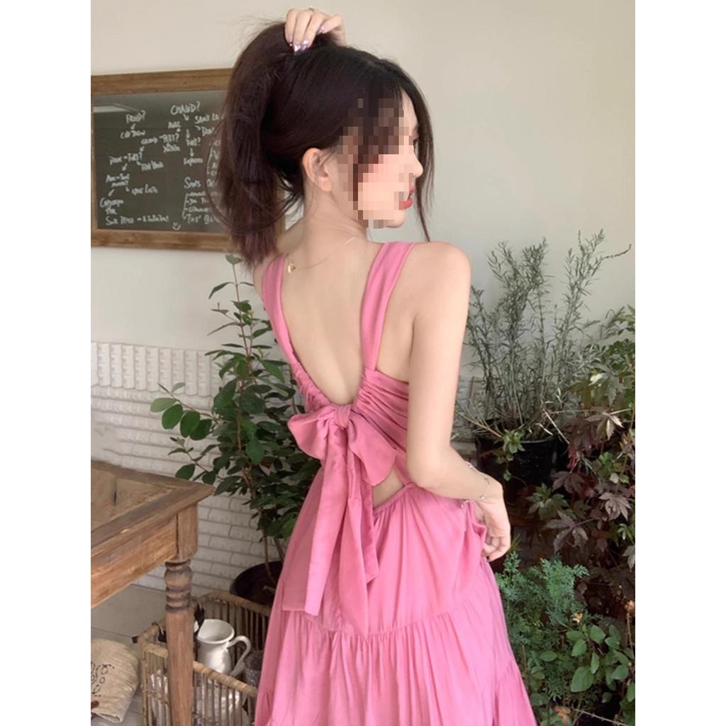 Fluffy Princess Dress First Love Suspender Dress Female Sexy V-neck Pleated Backless Strap Waist A Word Medium and Long Skirt