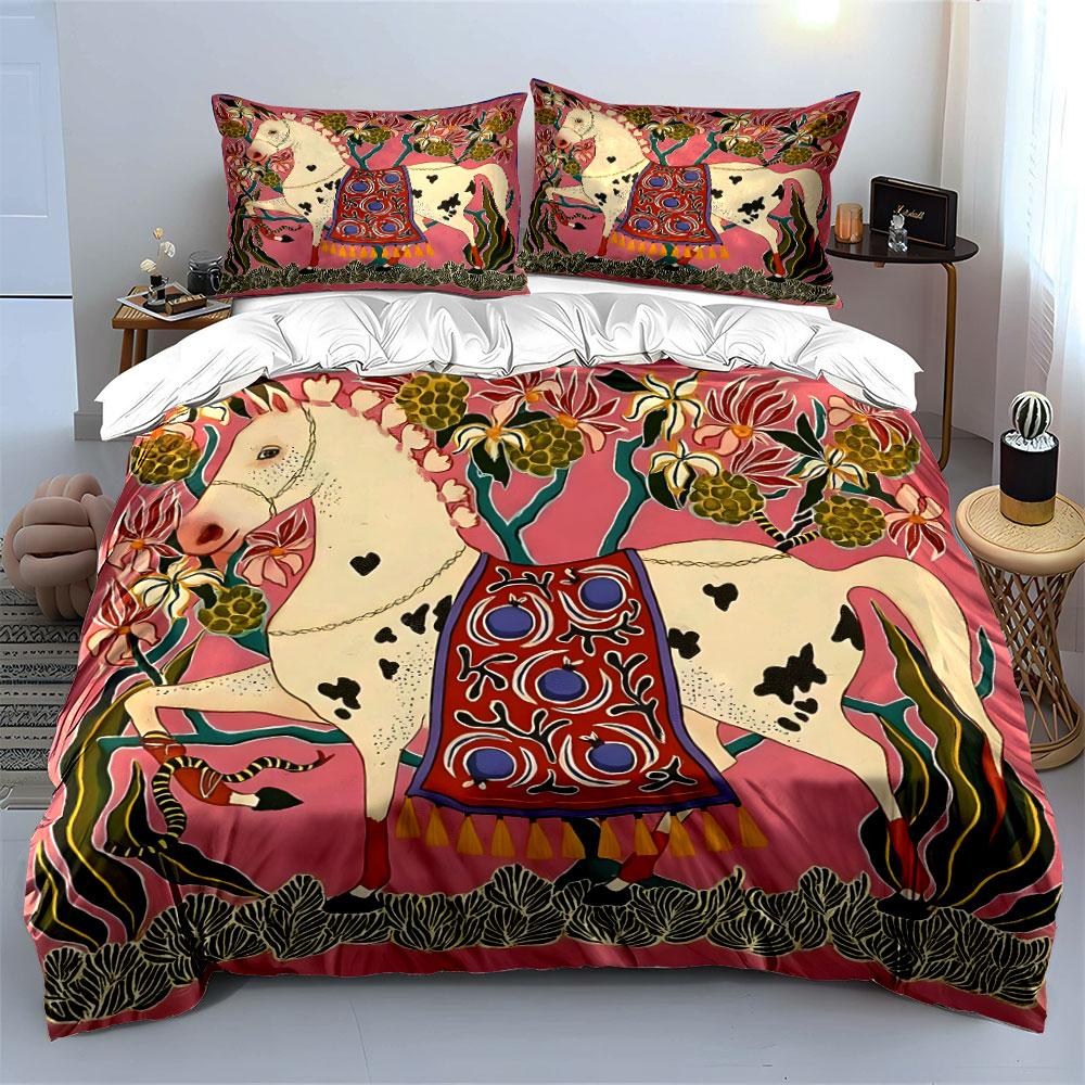Decorative Horse With Floral Background Bedding Set For Kids Luxury Gift 3Pcs Digital Print Comforter Set Soft Comfortable
