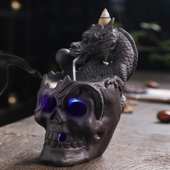 Weird Backflow Incense Burner with LED Light Thrilling Halloween Style Skull Dragon Waterfall