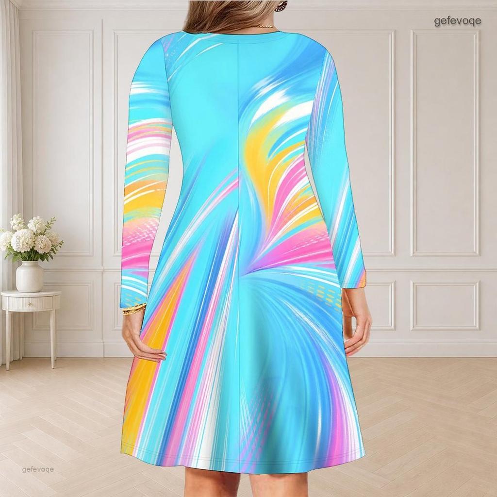 Damen Plus Size V-Ausschnitt Langarm Bunt gesprenkelt bedrucktes Kleid mit geschwungenem Saum