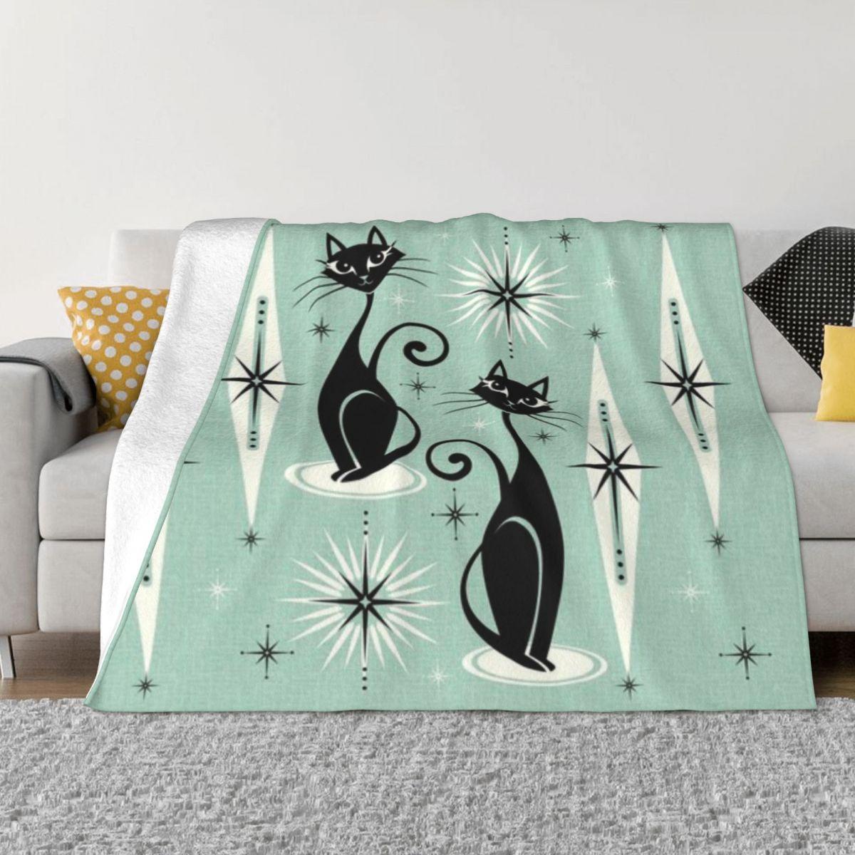 Ретро-подушка с кошками в стиле мид-сенчури и атомным дизайном, винтажный мятный цвет, Studioxtine, персонализированное путешествие, ультрамягкое микрофлисовое одеяло 50x60in