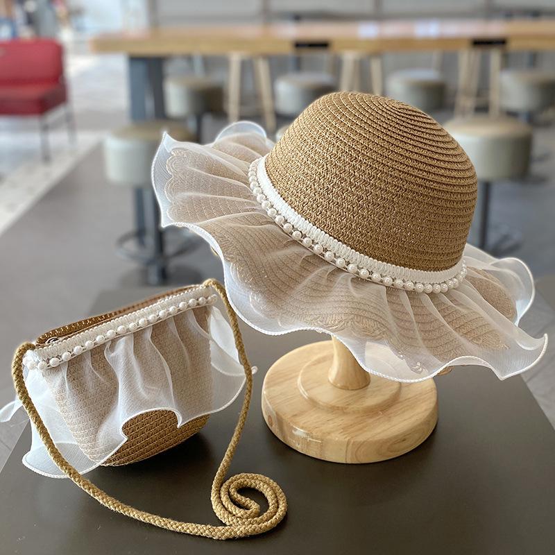 Pearl Mesh Girls' Summer Straw Hat Set - Parent-Child Style, Large Brim, Sun Protection