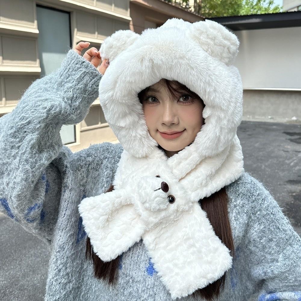 Cartoon Bear Ear Hat Solid Color Winter Neckerchief Fashion 2 In 1 Plush Scarf  Winter