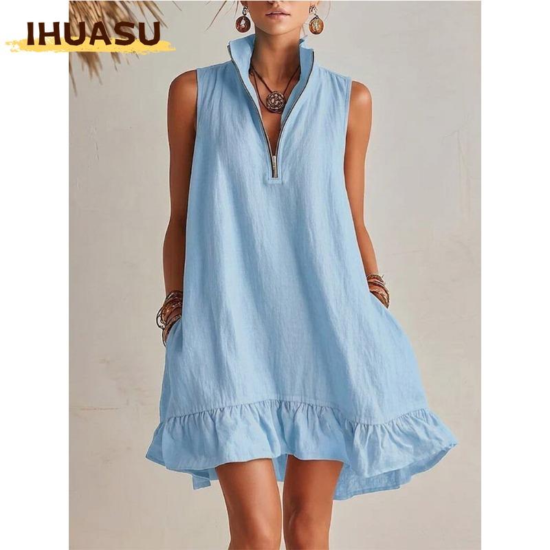 IHUASU Fashion Summer Spring Solid Color Print Long Sleeve V-Neck Casual Dresses