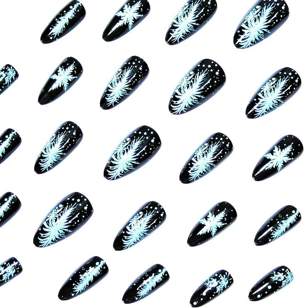 24Pcs Christmas Snowflake False Nails with Black Mysterious Design for Party and Holiday Use