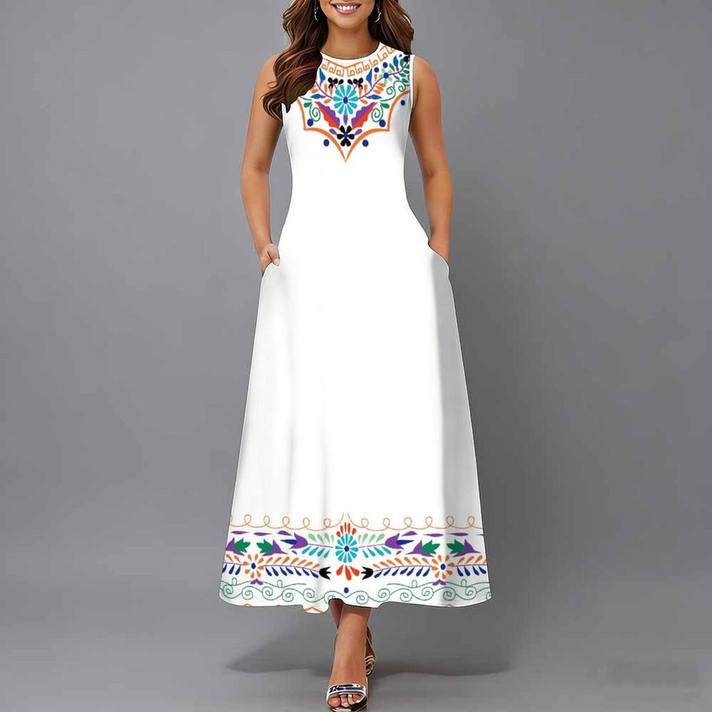 Women Plus Size Sleeveless Crew Neck Dress Exuberant Floral Pattern Loose Calf Length Dress