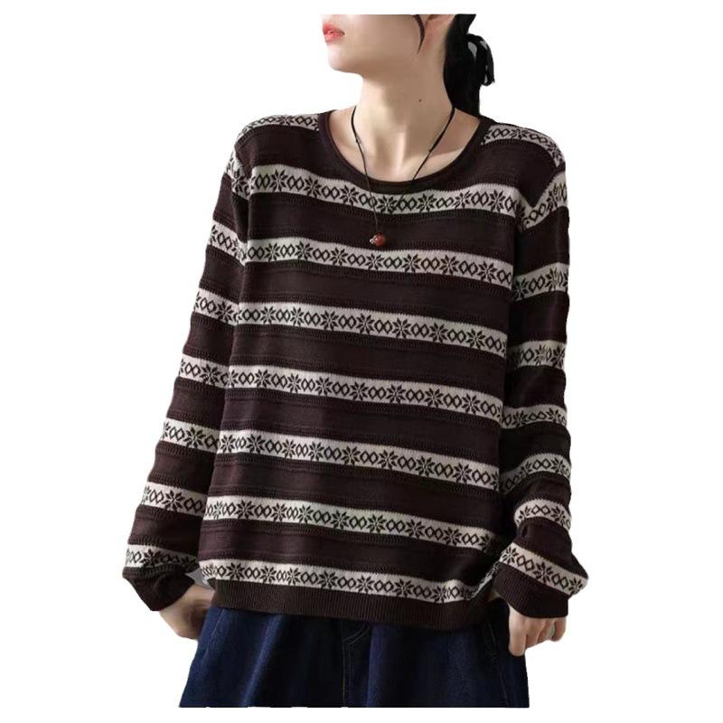 

Осенне-зимний свитер с длинными рукавами, повседневный свитер с круглым вырезом, вязаный свитер, свободный, утягивающий, полосатый, минималистичный, свитера и длинные рукава (Женский) One Size