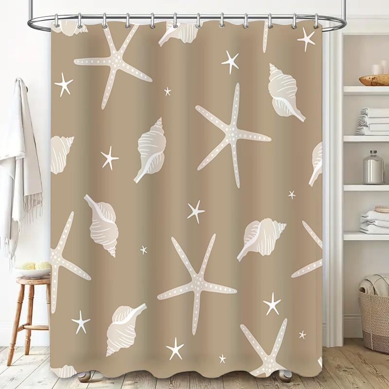 Beach-themed Shower Curtain with White Sea Starfish and Shells for Bathroom Decor In Brown Color (set of 1) Item #XXXXX