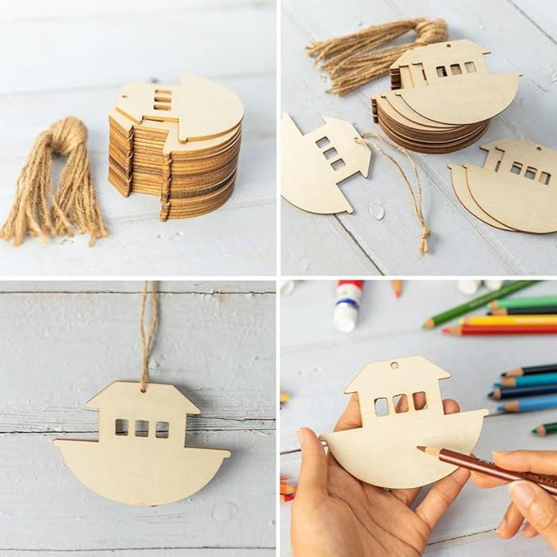 10pcs Wood Noah's Ark Cutouts Unfinished Wooden Noah's Ark Hanging Ornaments DIY Craft Gift Tags for Home Party Decoration