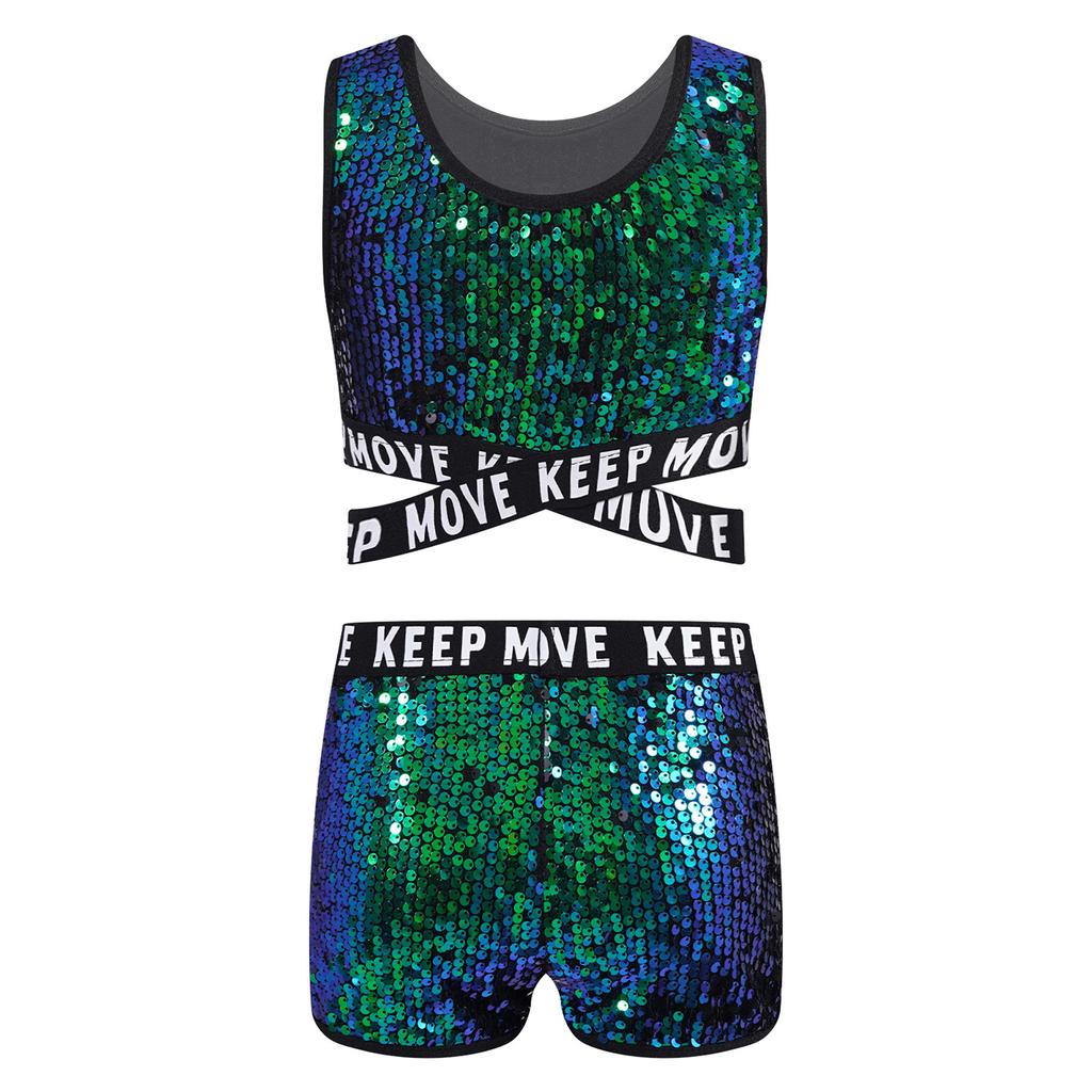 Kids Girls Sparkling Sequins Dance Clothes Set Sleeveless Criss Cross Straps Crop Top with Shorts