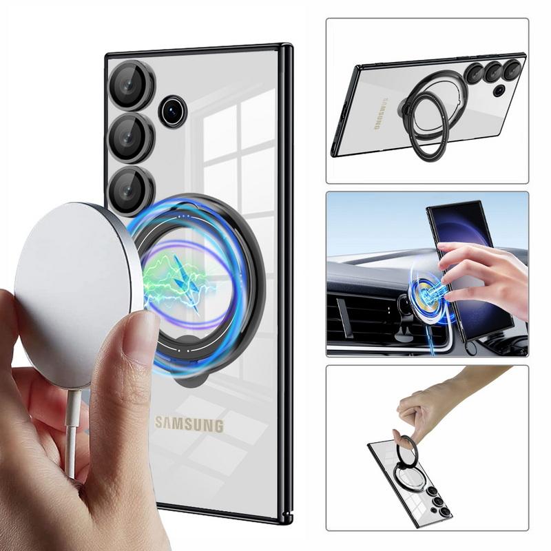 Clear Wireless Charge Phone Case For Samsung S25 Ultra S24 FE S23 S22 A16 A56 A36 A55 A15 A35 Slim Transparent Shockproof Magnetic Holder Cover