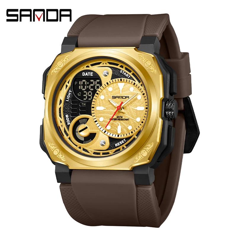 SANDA Neue quadratische Sport Herrenuhr Outdoor LED Elektronischer Stoppuhr Wecker Dual Display Multifunktions Herren Quarzuhr