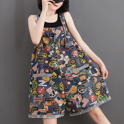 Büyük Boy yaz elbisesi Baskılı denim tulum Beş noktalı Pantolon Yüksek Bel Ince Gevşek Ince Geniş bacak Şort Kadın