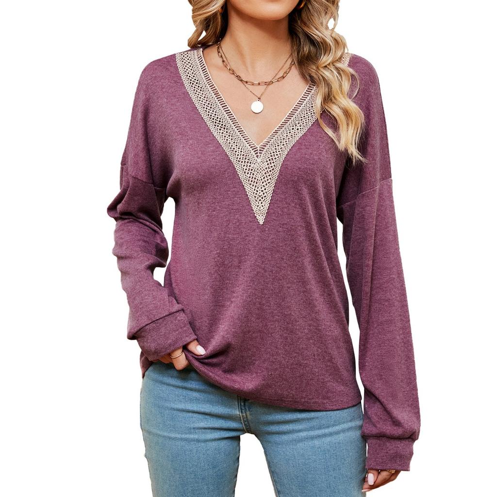 Solid Color Lace V-neck Color-block Loose Long Sleeve T-shirt Top Fall Winter New Arrival for Europe America Cross-border Trade