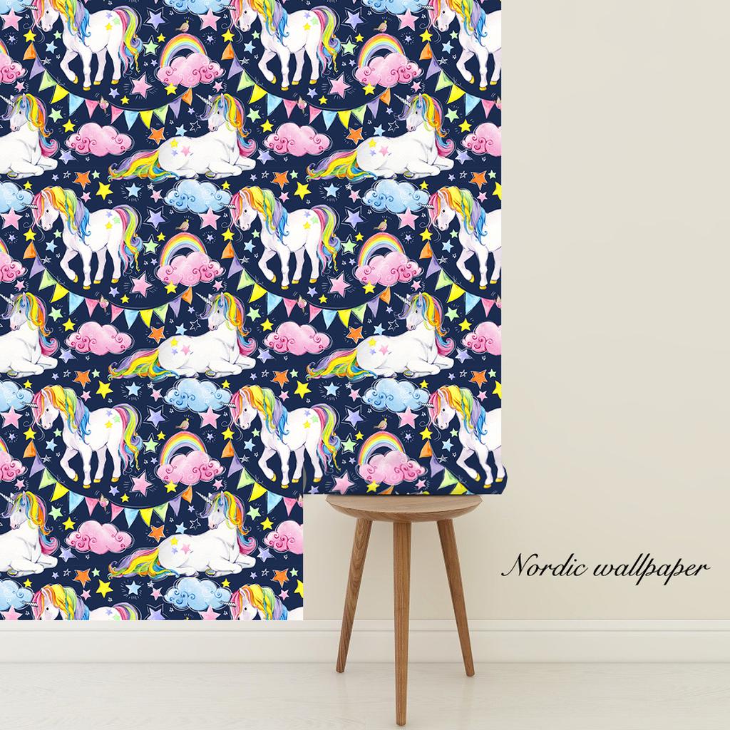 Cartoon Unicorn Rainbow Cloud Peel And Stick Wallpapers Self Adhesive Boys Kids Bedroom Decor Mural Pink/Blue