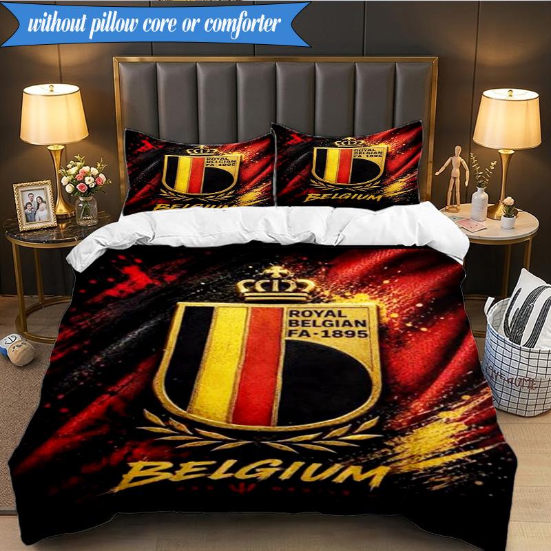 3PCS Belgium Football Crest Emblem Bedding Set 2D Printing (Includes 1 Duvet Cover + 2 Pillowcases Coreless), Bedroom decor,Fan gift