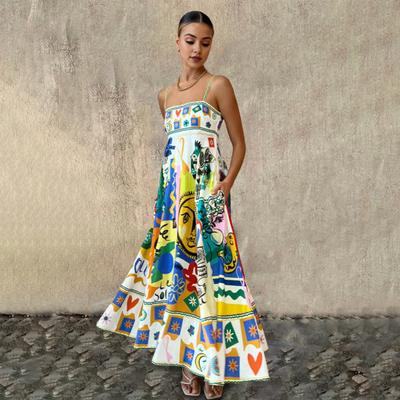 Frauen Sommer Urlaub Kleid Ärmelloses Rückenfreies A-linie Big Swing Bunte Druck Kragen