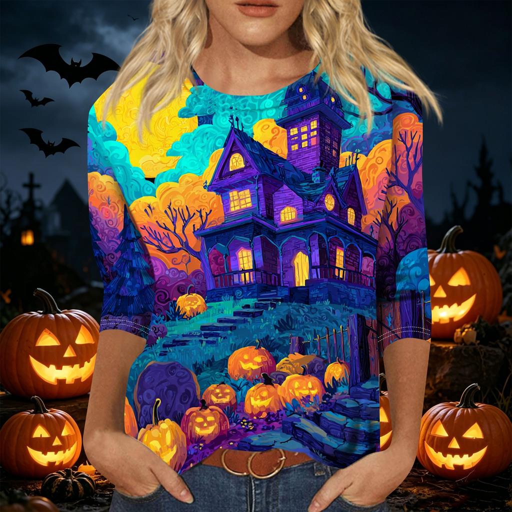Women's Halloween Print 3/4 Sleeve Shirt Loose Fit Casual Round Neck Pullover Top Lightweight Comfortable Fabric Suitable for Daily Wear